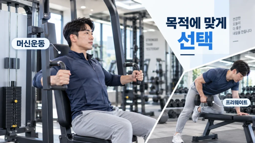 머신운동과 프리웨이트 운동 선택을 설명하는 AI 생성 이미지
