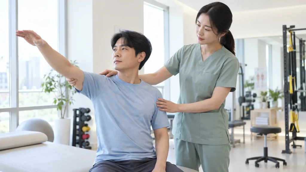 도수치료에서 관절 가동범위와 근육 기능을 평가하는 장면