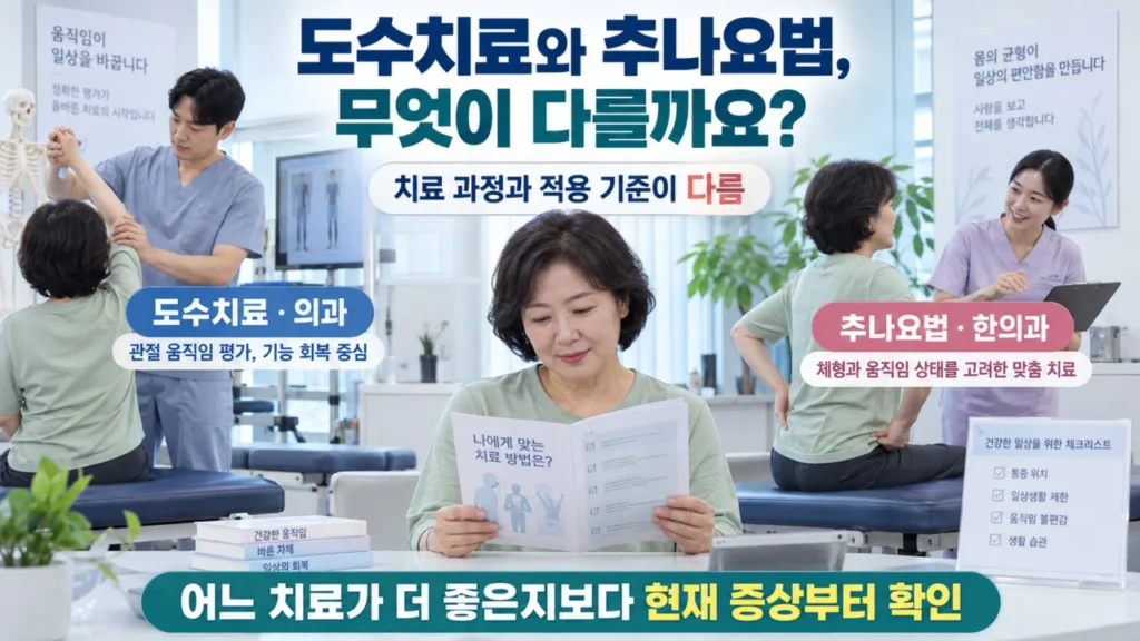 도수치료와 추나요법의 차이를 설명하는 비교 이미지