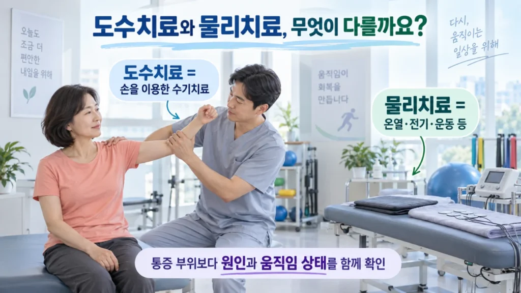 도수치료와 물리치료의 치료 방식 차이를 설명하는 그림