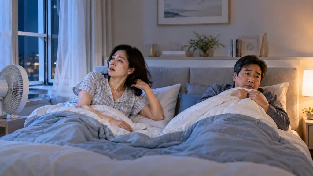 갱년기 열감, 아내는 덥고 남편은 춥다? 수면 온도 차이로 각방까지