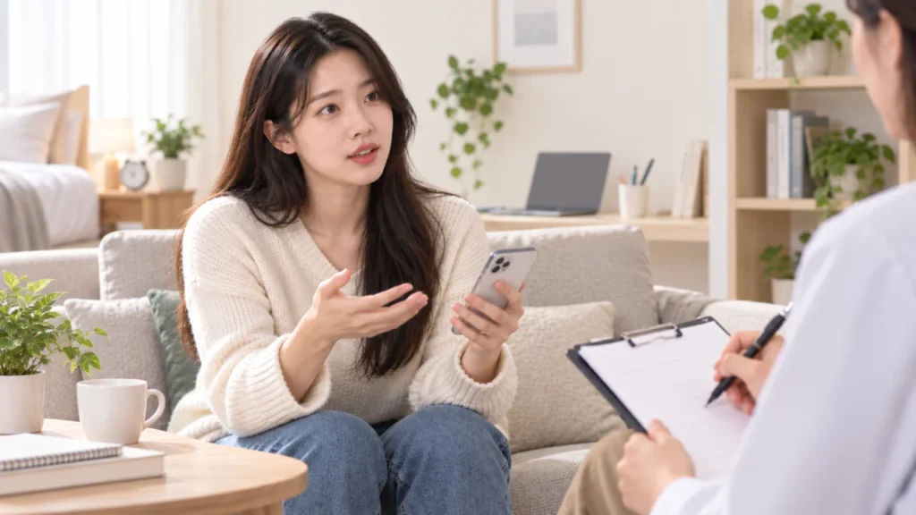 정신건강의학과 면담 과정에서 증상과 생활 변화를 확인하는 모습