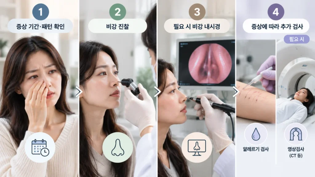 코막힘과 맹맹한 목소리 진단 절차를 단계별로 나타낸 그림