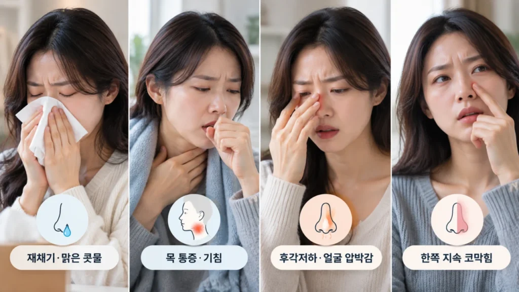 코막힘과 맹맹한 목소리의 증상별 원인 구분을 도식화한 그림