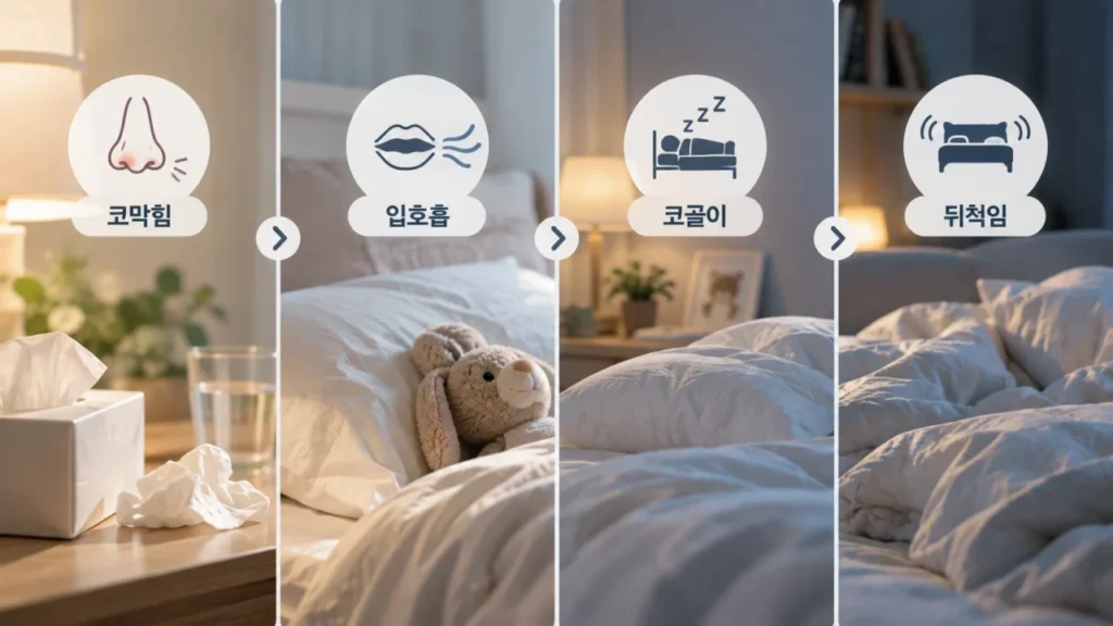 코막힘이 지속될 때 입호흡과 수면 변화가 나타나는 모습을 설명하는 그림