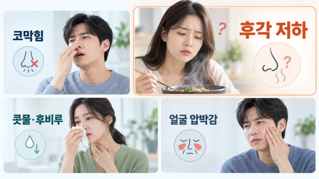 비용종에서 나타날 수 있는 코막힘, 후각 저하, 콧물, 얼굴 압박감 등 증상을 설명하는 그림