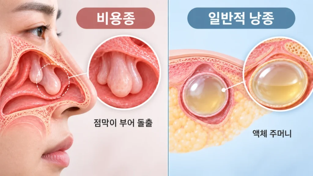 비용종과 낭종의 구조적 차이를 보여주는 그림