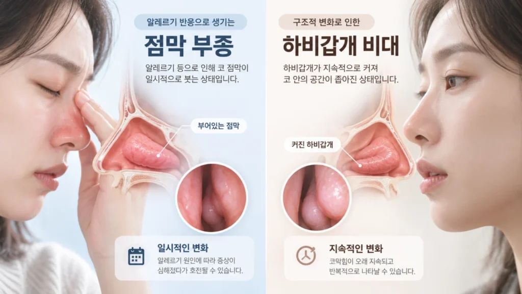 점막 부종과 하비갑개 비대의 차이를 보여주는 코 내부 구조 그림