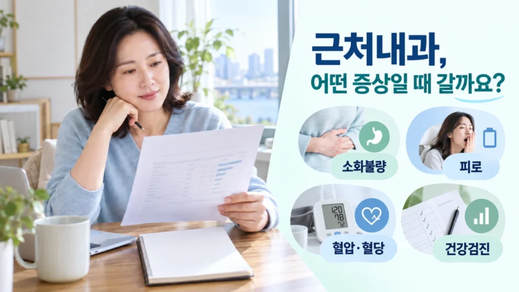 내과 진료를 고민하는 사람과 증상별 검사 선택을 안내하는 그림