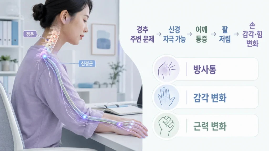 목과 어깨 통증이 팔·손 저림과 함께 나타나는 신경 증상 메커니즘 그림