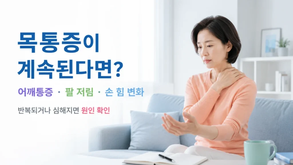 목통증과 어깨통증이 반복되며 팔·손 저림이 동반되는 상황을 설명하는 그림