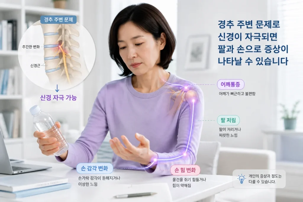 목통증 치료 전 증상 확인이 필요한 상황을 보여주는 그림