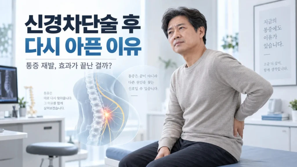 신경차단술 후 통증이 재발하는 상황을 설명하는 그림