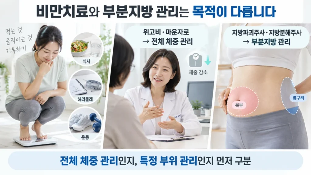 비만치료와 부분지방 관리의 접근 차이를 설명하는 이미지