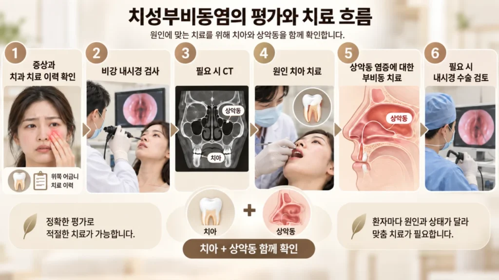 치성부비동염의 평가와 치료 흐름을 도식화한 이미지