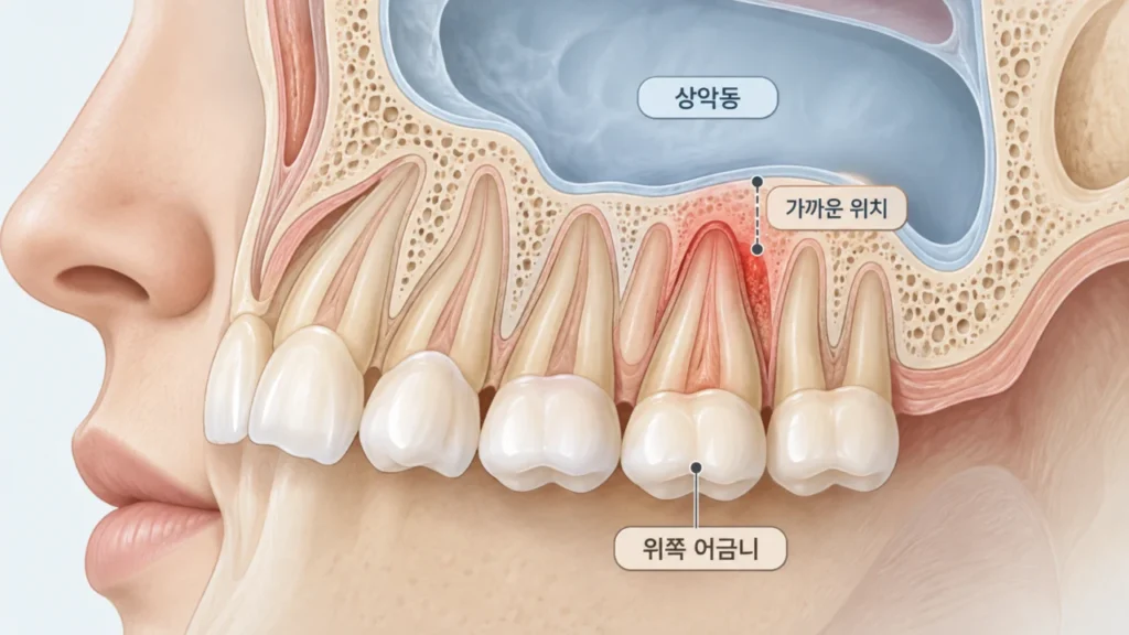 위쪽 어금니 뿌리와 상악동 바닥의 위치 관계를 보여주는 그림