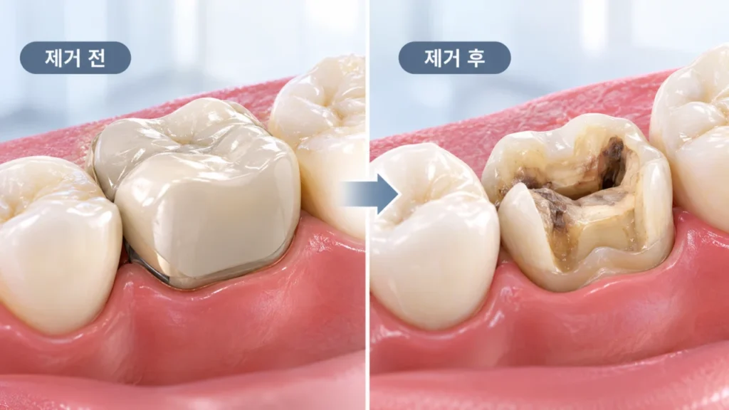오래된 충전물이나 크라운 아래 치아 상태를 확인하는 과정