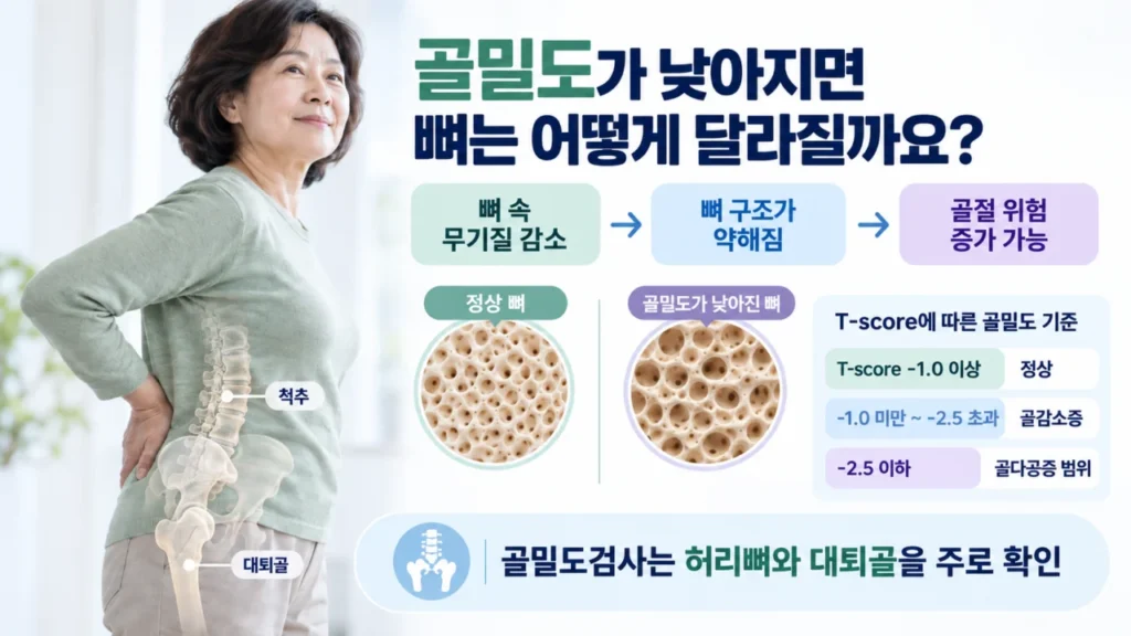 골밀도가 낮아진 뼈의 구조와 검사 부위를 보여주는 그림