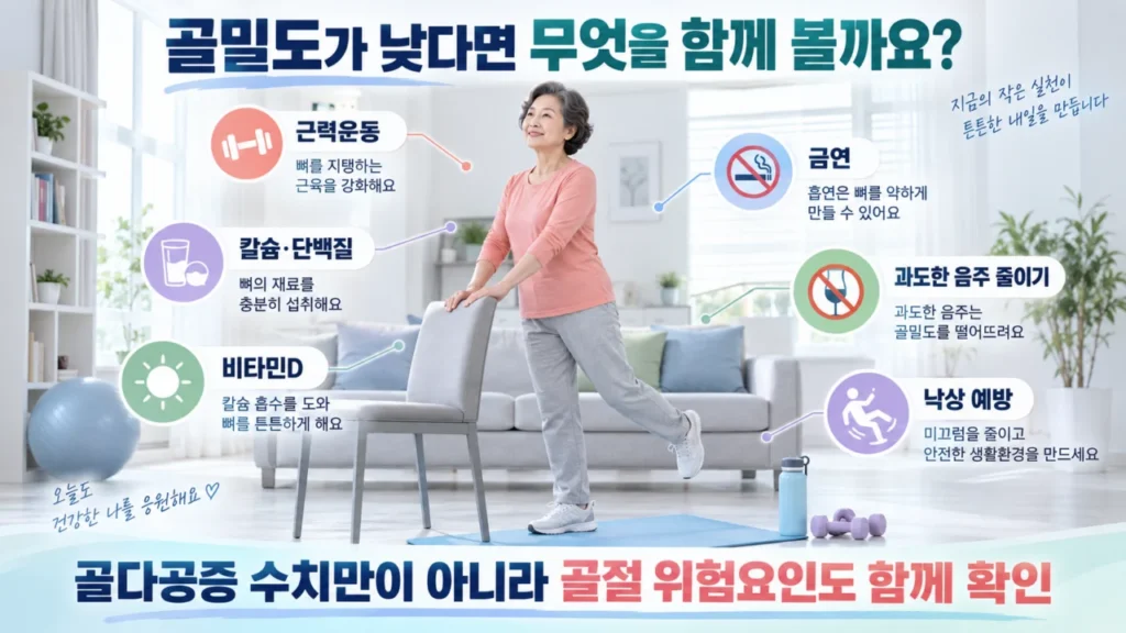 골밀도가 낮을 때 생활습관 관리 방법을 안내하는 그림