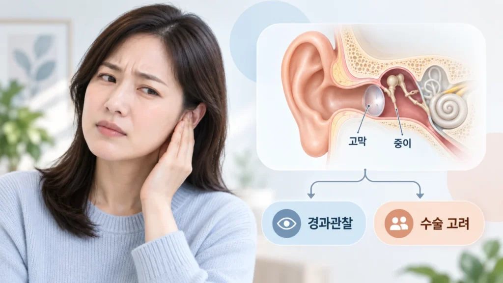 중이염 수술 여부를 결정할 때 고막 상태와 청력 변화를 함께 확인하는 그림