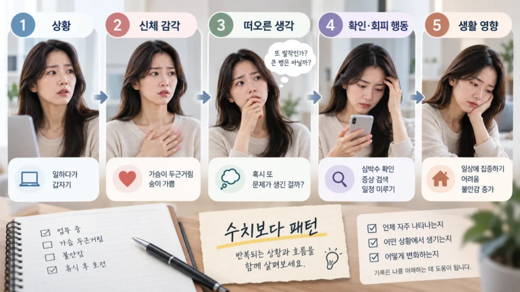 증상 기록을 통해 반복되는 패턴을 파악하는 과정을 보여주는 그림