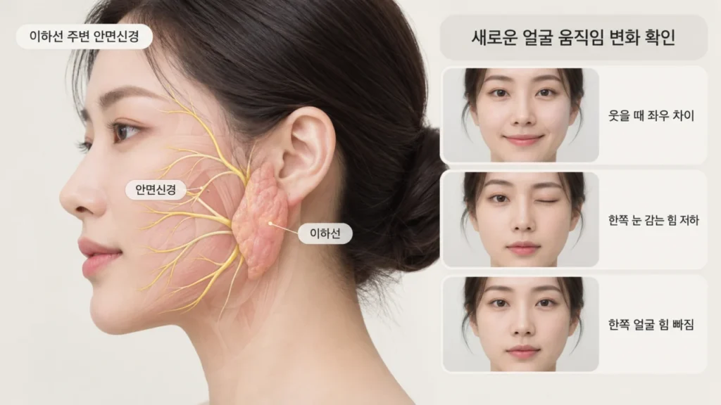 이하선 주변을 지나는 안면신경과 귀 밑 멍울의 관계를 설명하는 그림