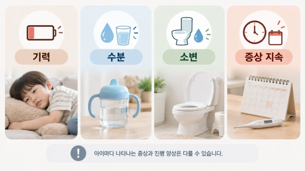 소아장염에서 탈수 신호를 확인하는 방법을 설명하는 그림