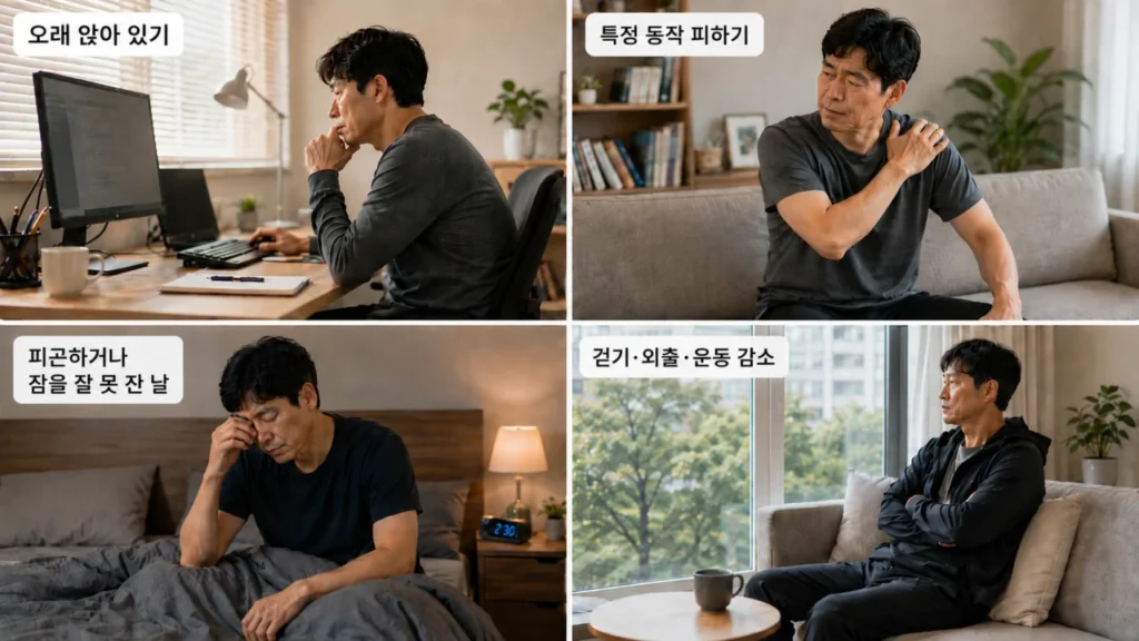 통증과 움직임, 수면, 일상 변화의 연관성을 설명하는 그림