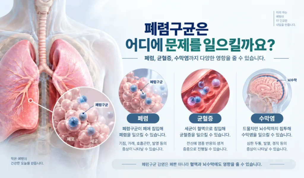 폐렴구균 감염이 폐와 신체에 미치는 영향 해부학적 그림
