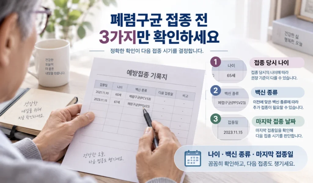 폐렴구균 예방접종 전 접종 이력 확인 방법을 설명하는 그림