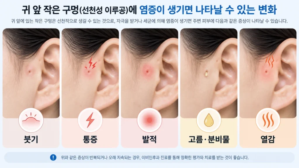 이루공에 염증이 생겼을 때 나타나는 붓기와 발적, 분비물의 예시 그림