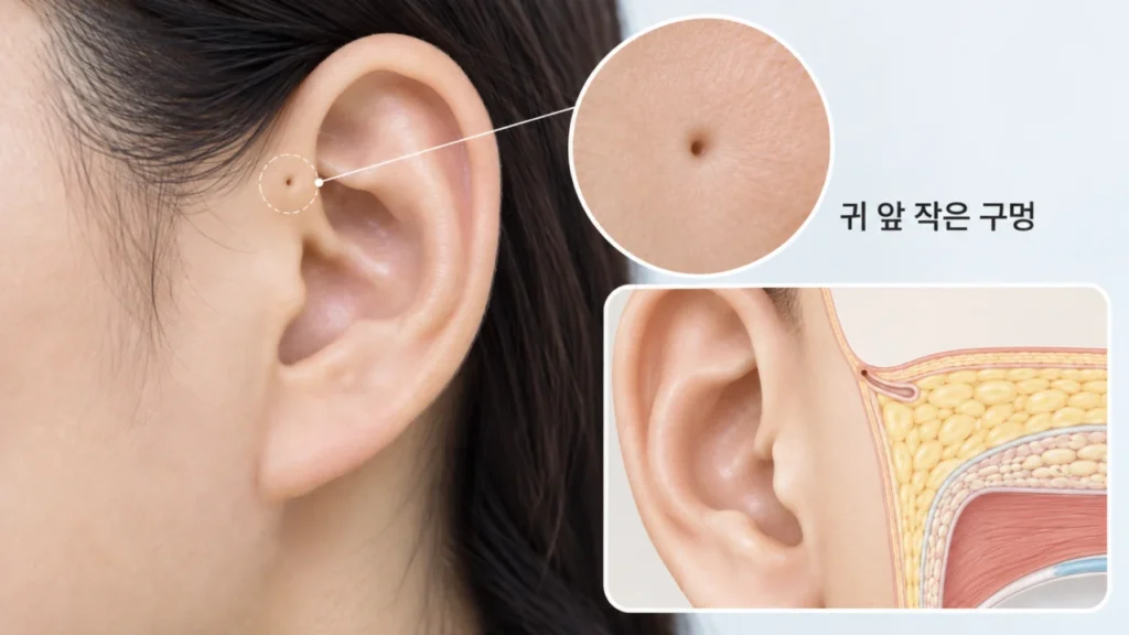 귀 앞에 작은 구멍이 보이는 선천성 이루공의 위치를 설명하는 그림