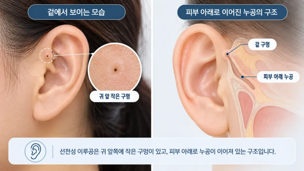 이루공 수술 시 피부 아래 누공의 범위를 확인하는 과정 그림