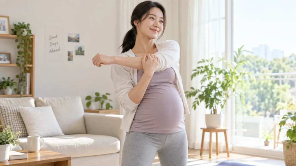 임신 중 운동을 하는 임산부의 기본적인 신체활동 안내 이미지
