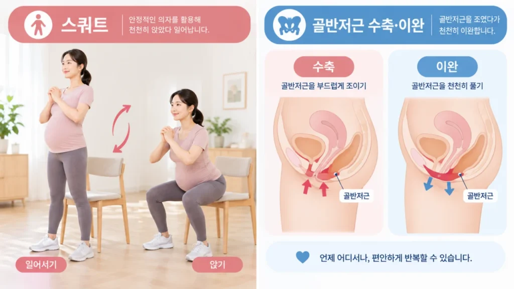 임산부가 스쿼트와 케겔운동을 하는 장면