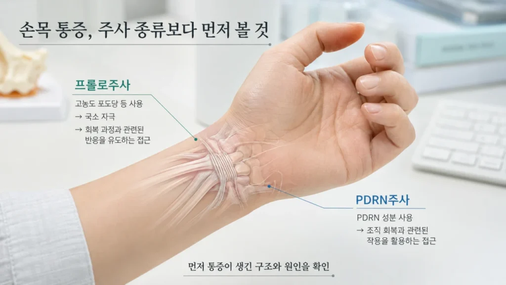 프롤로주사와 PDRN주사의 작용 방식 차이를 설명하는 의료 이미지