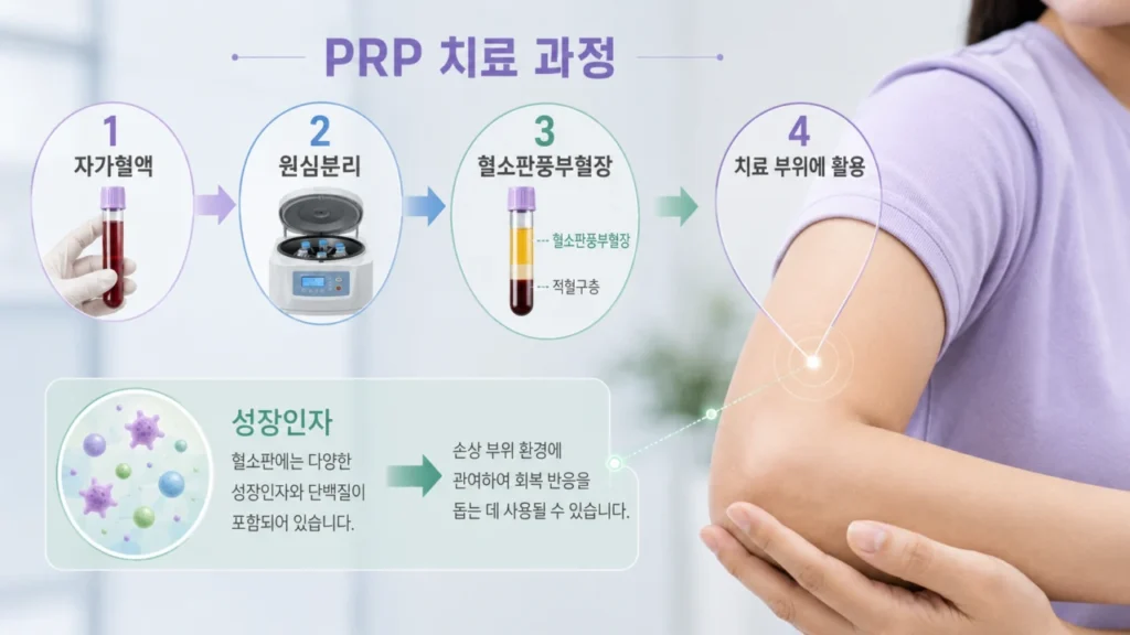PRP치료는 혈소판이 풍부한 혈장 성분을 분리해 사용하는 치료 원리를 보여줍니다.