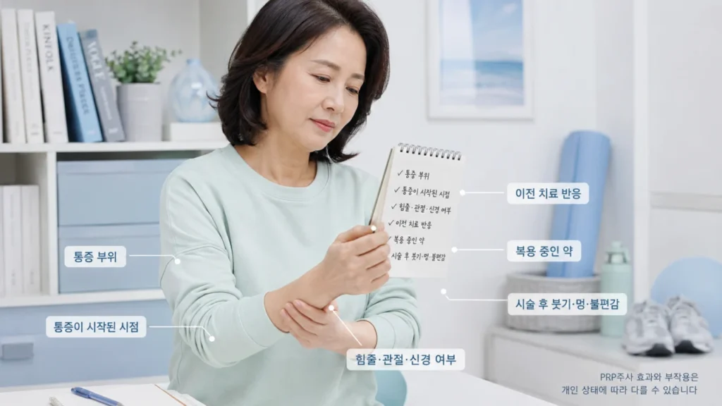 PRP주사 치료 시 통증, 부작용, 적용 전 확인 사항을 안내하는 이미지입니다.