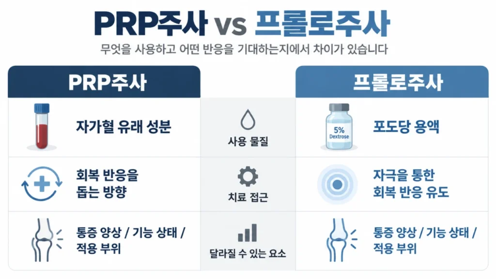 PRP주사와 프롤로주사의 사용 물질과 작용 원리 차이 도표