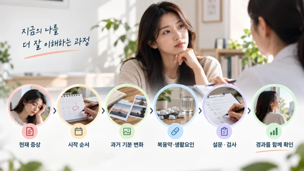 정신과 진단 과정에서 다양한 정보를 종합하는 모습
