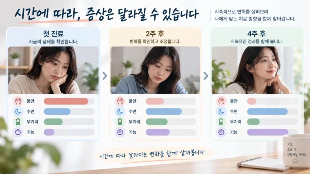 시간이 지나면서 증상의 흐름이 달라질 수 있음을 보여주는 그림