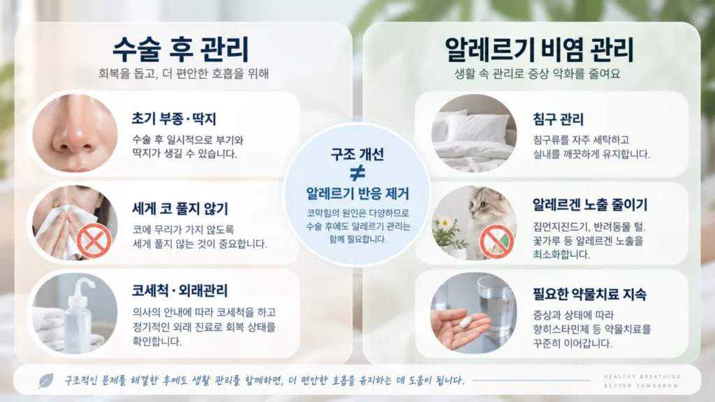 비염 수술 후 관리와 구조적 코막힘 개선의 요점을 요약한 그림