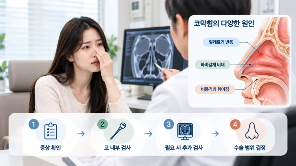 비염 수술 전 코막힘 원인과 약물 반응을 확인하는 과정