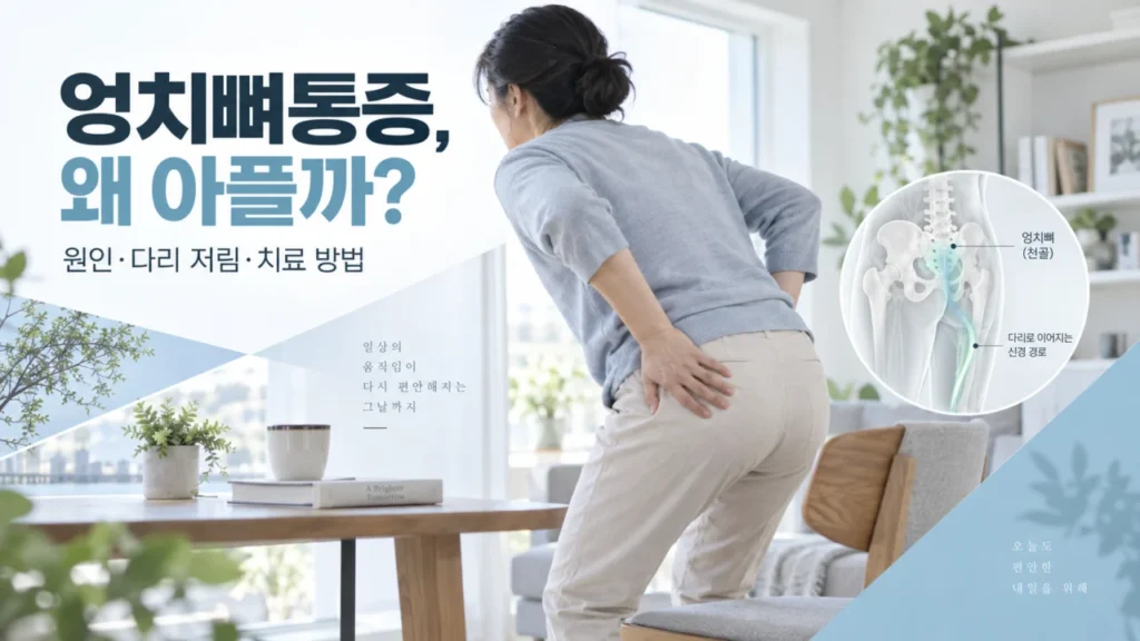 엉치뼈 통증이 허리 아래와 엉덩이 윗부분에서 시작해 다리 저림으로 이어지는 모습을 설명하는 그림