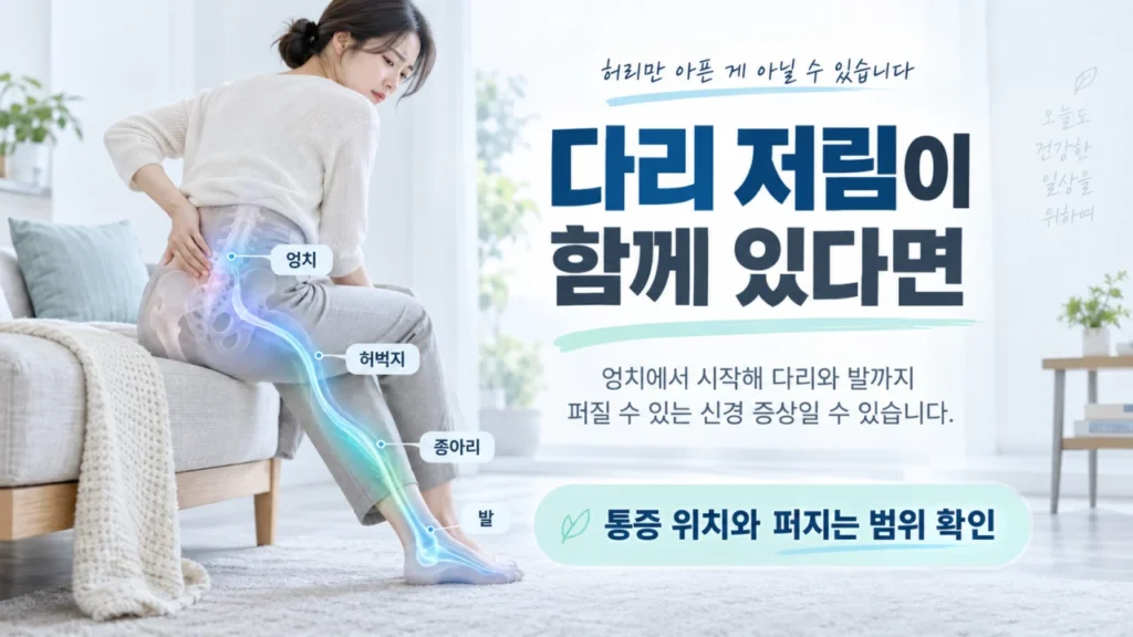 엉치뼈 통증과 함께 허벅지, 종아리, 발까지 저림이 이어지는 증상을 나타내는 그림
