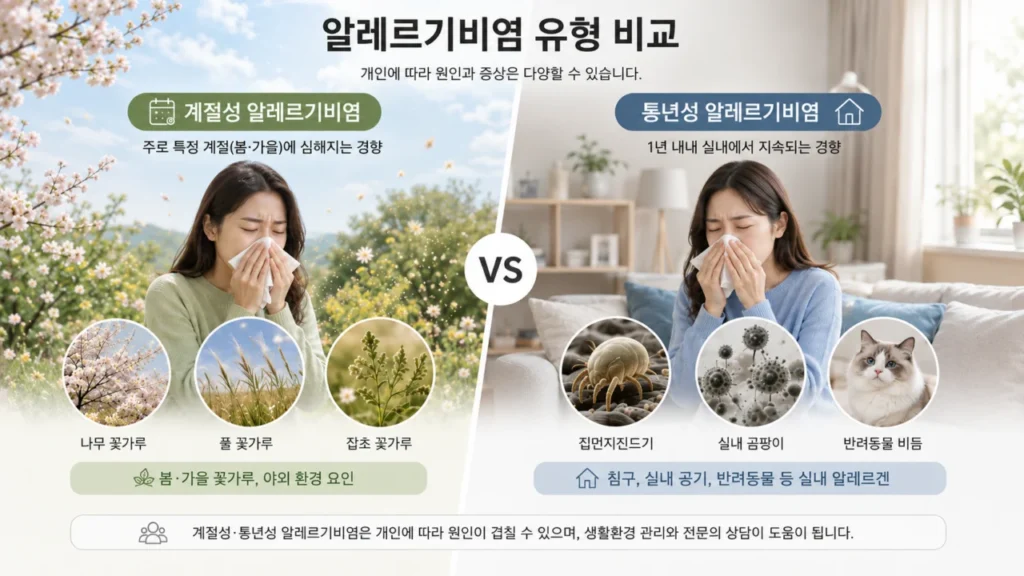계절성 알레르기비염과 통년성 알레르기비염의 차이를 보여주는 도식