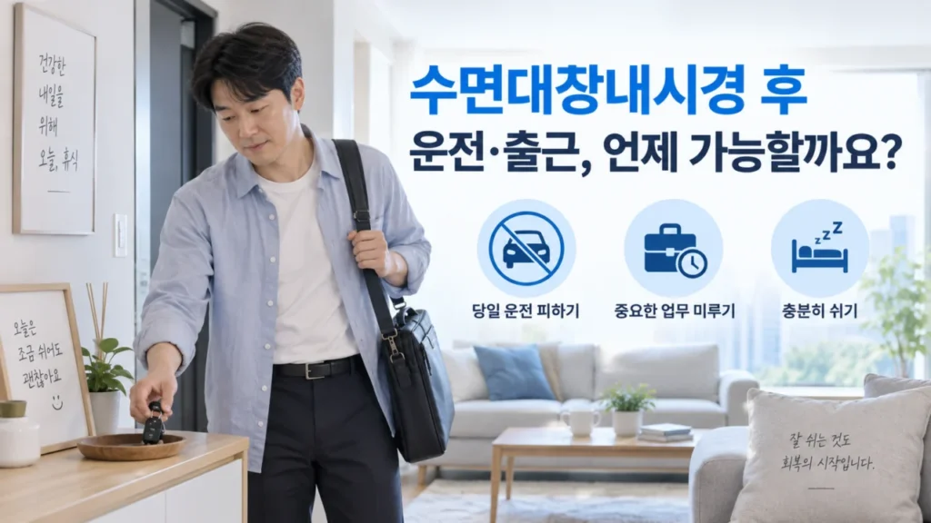 수면대장내시경 후 운전과 출근 시 주의사항을 설명하는 이미지