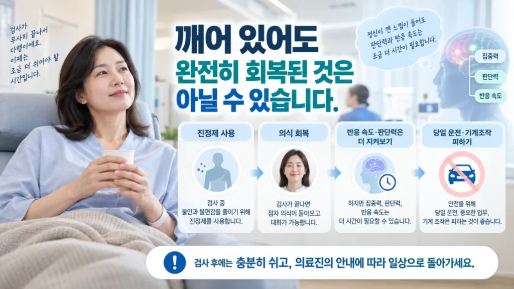 수면내시경 후 회복시간과 반응 속도 저하를 설명하는 이미지