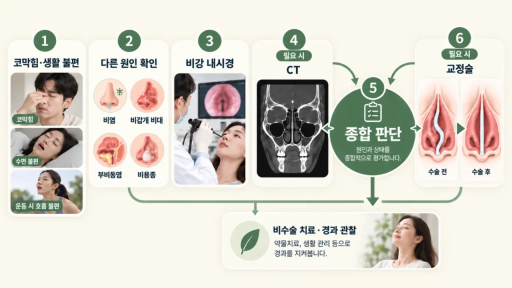 비중격 교정술 결정 과정과 평가 흐름을 나타내는 도식