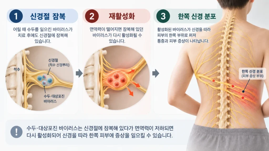 대상포진이 신경 분포를 따라 한쪽 부위에 나타나는 원리를 보여주는 그림